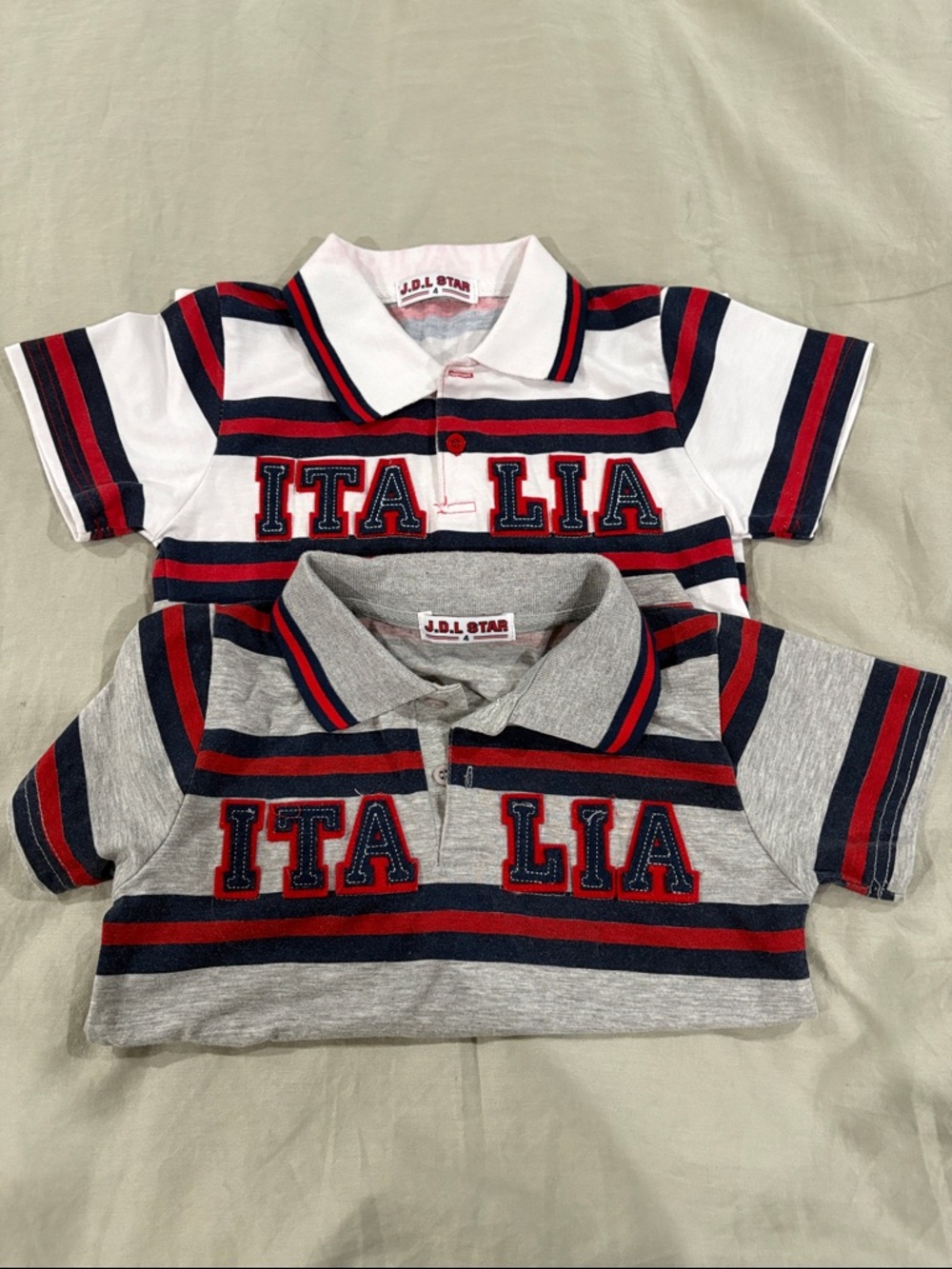 Kids 'Italia' Striped Polo - White & Gray with Navy/Red Stripes
